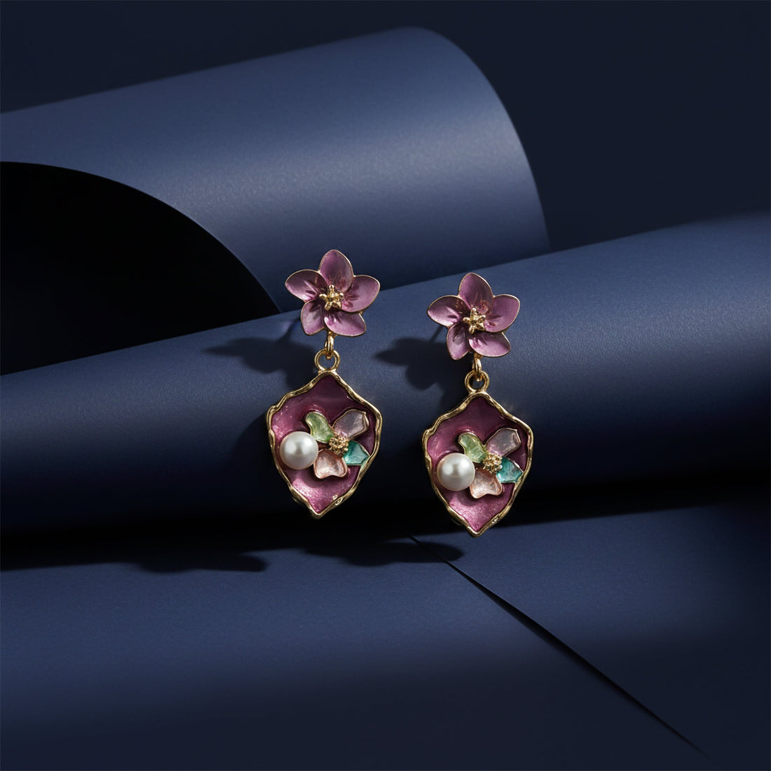 Gold Purple Floral Stud Earrings for women - Finora Jewels