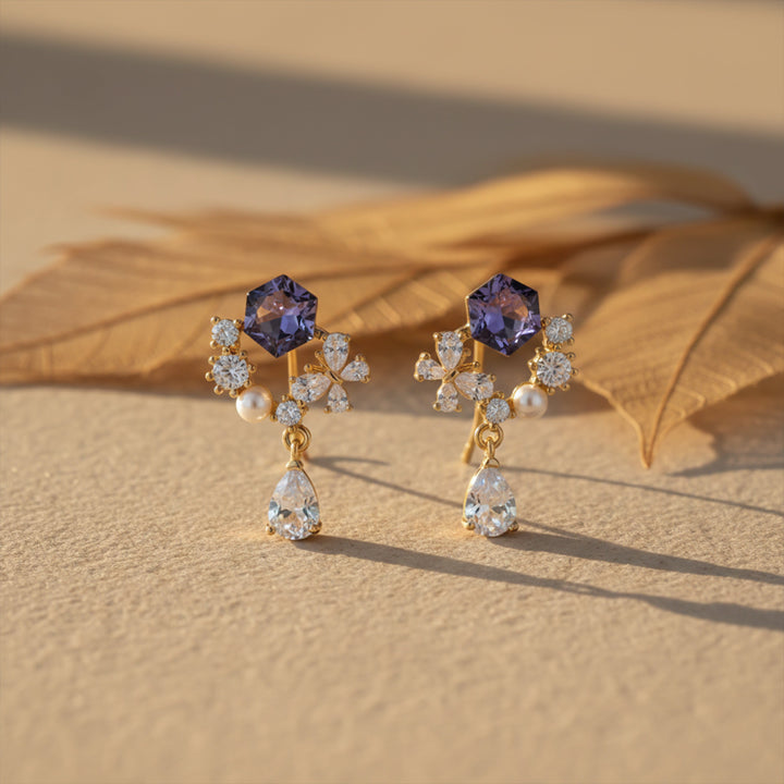 Multi Stone Floral Gold Plated Drop Earrings