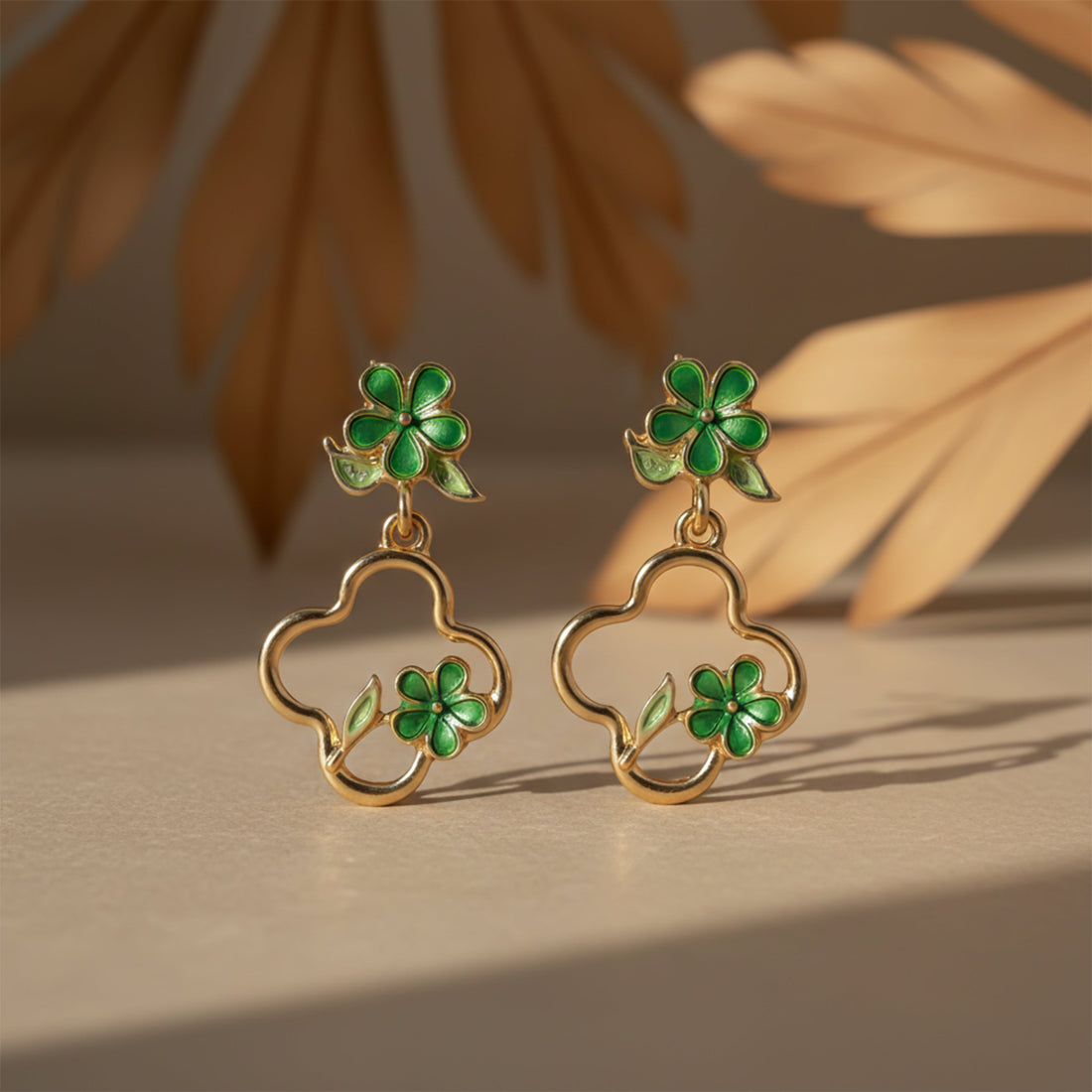 Green Clover Stud Earrings for women in Gold - Finora Jewels