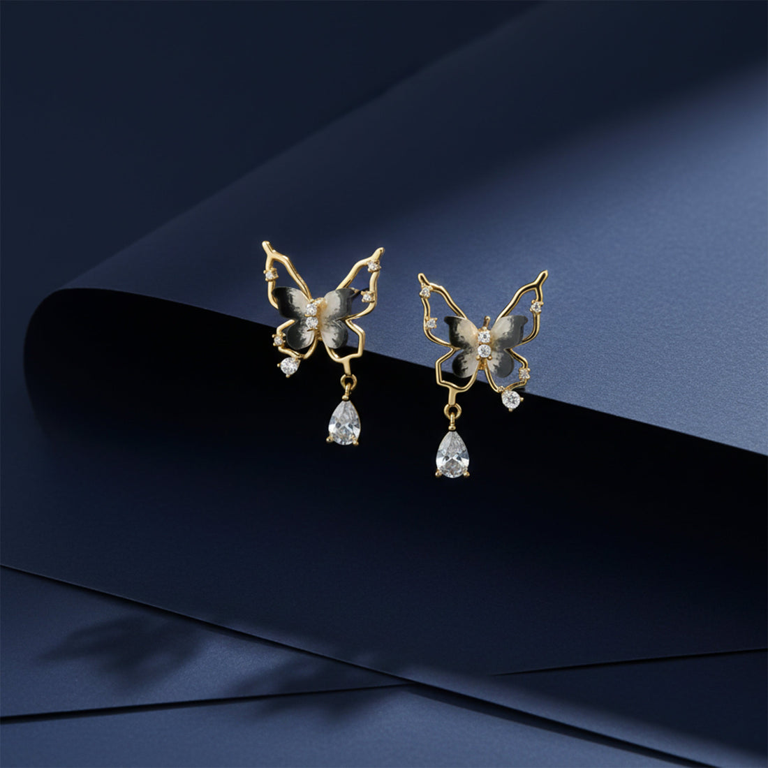 Gold Butterfly Crystal Drop Stud Earrings for women - Finora Jewels