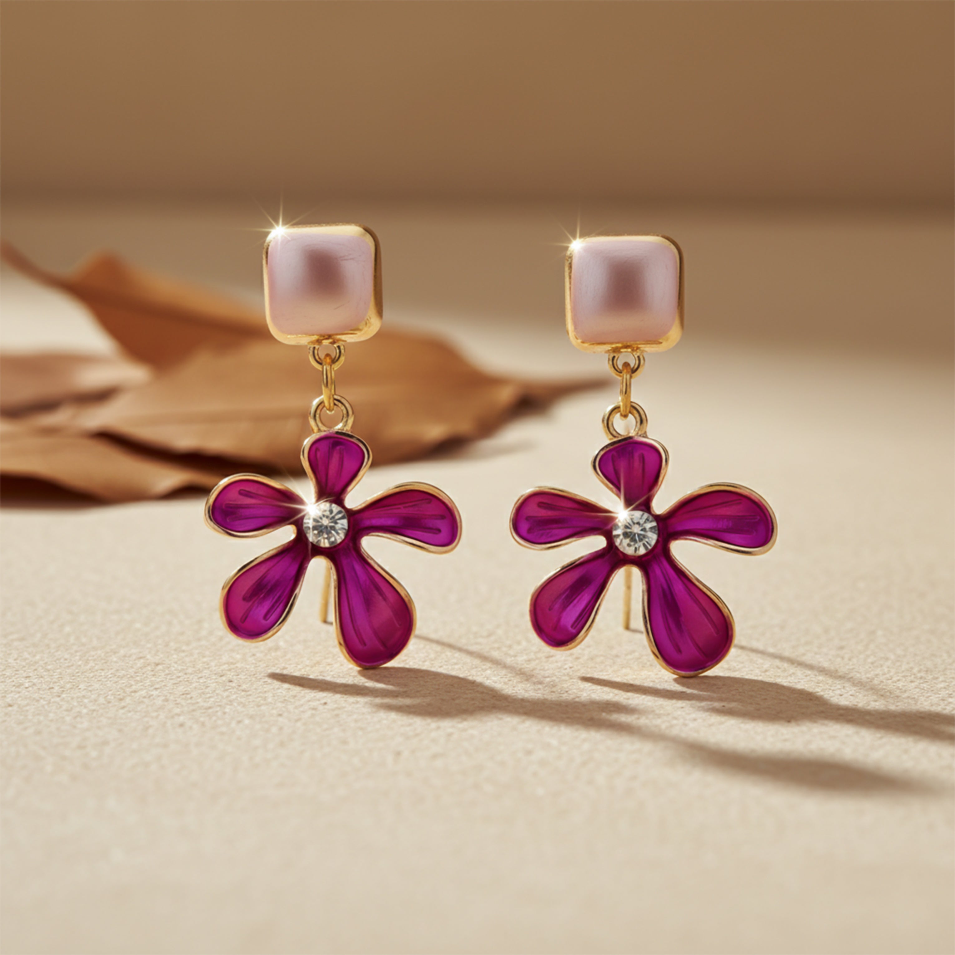 Gold Pink Flora Stud Earrings for women - Finora Jewels