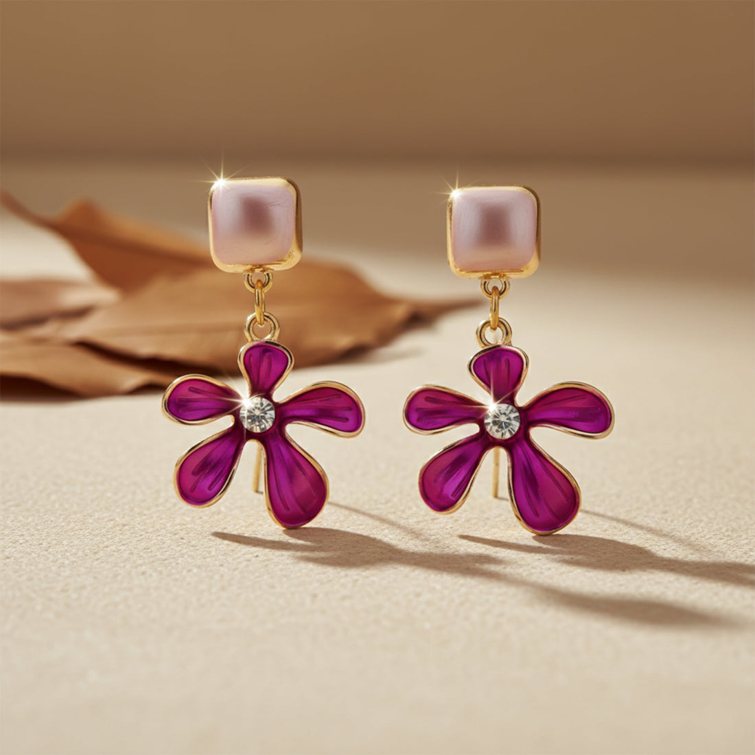 Gold Pink Flora Stud Earrings for women - Finora Jewels