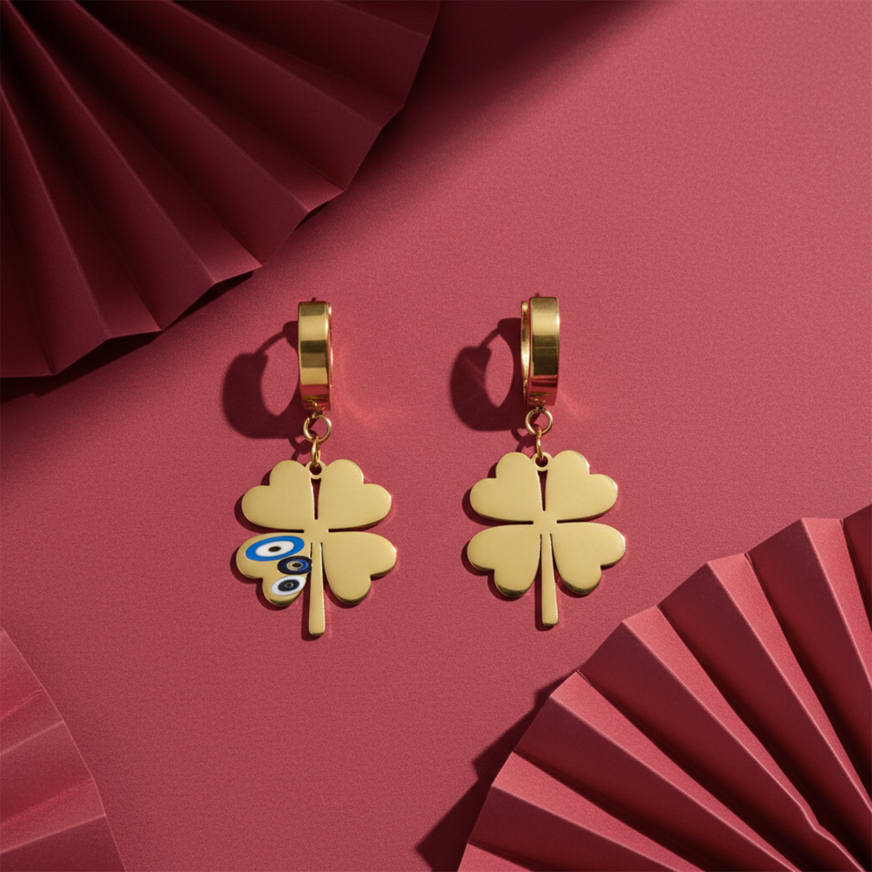 Women Hoop Earrings Evil Eye Clover Gold jewellery - Finora Jewels