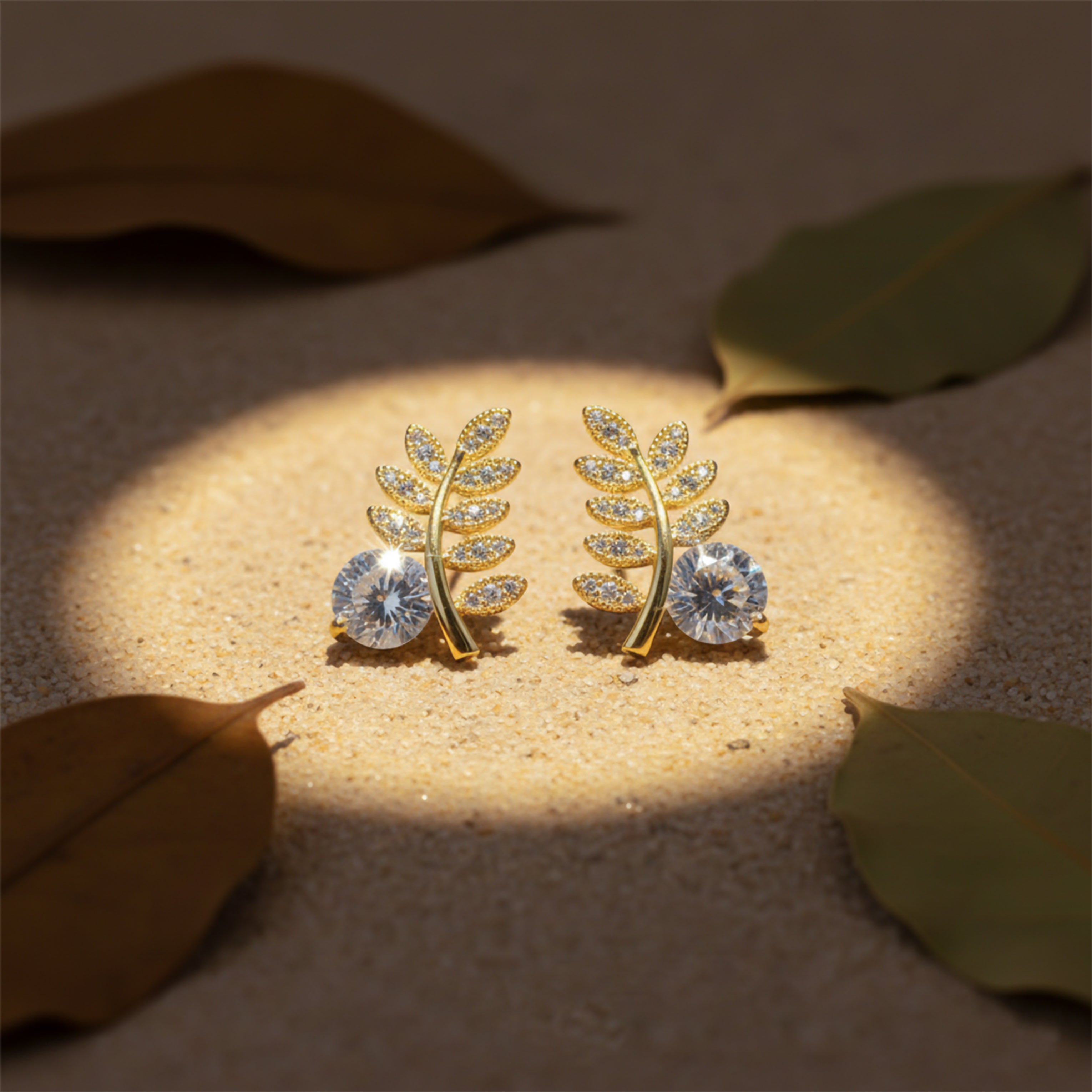 Gold-Toned Fern Sparkle Studs GWE -103