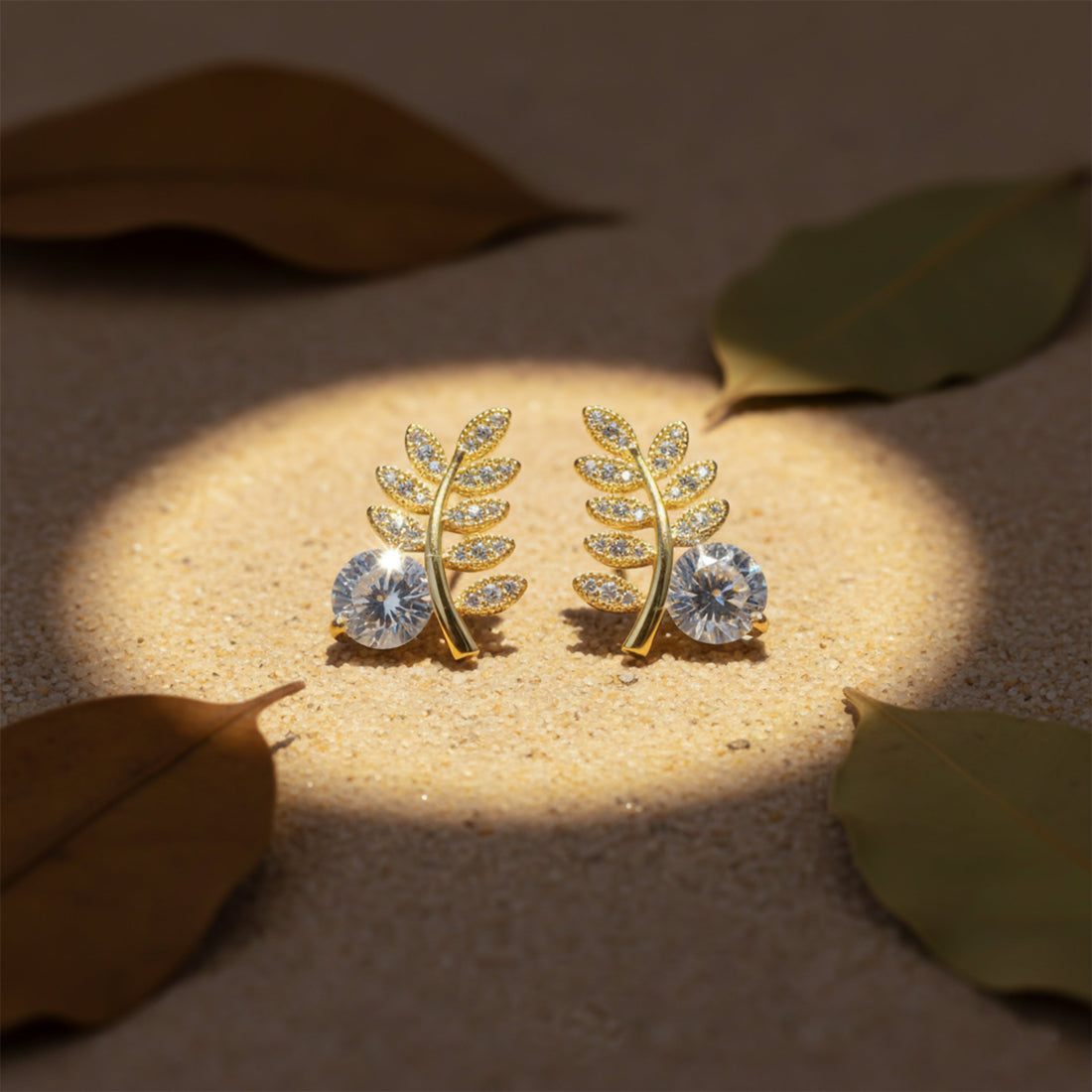 Gold-Toned Fern Sparkle Studs GWE -103
