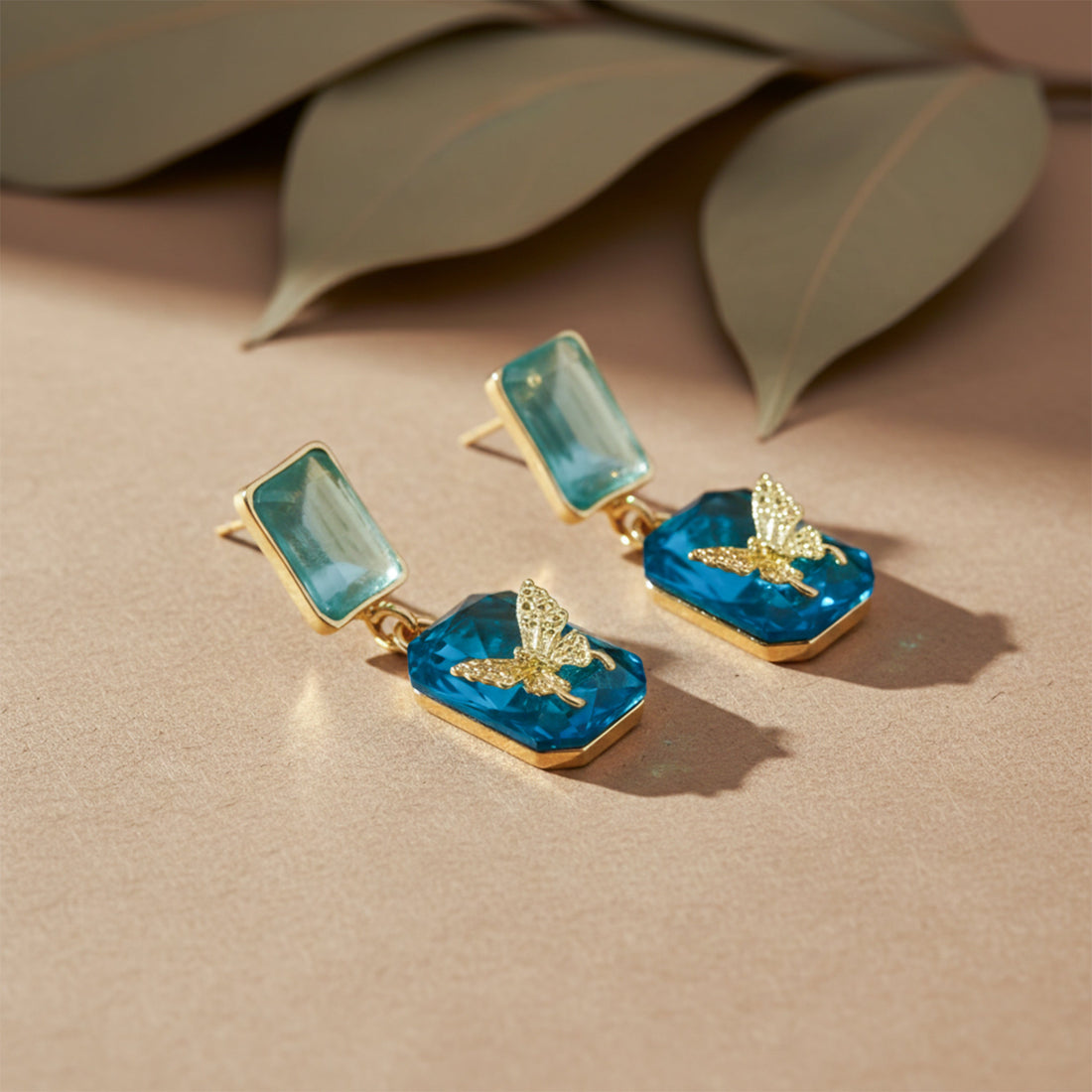 Gold Blue Crystal Stud Earrings for women - Finora Jewels