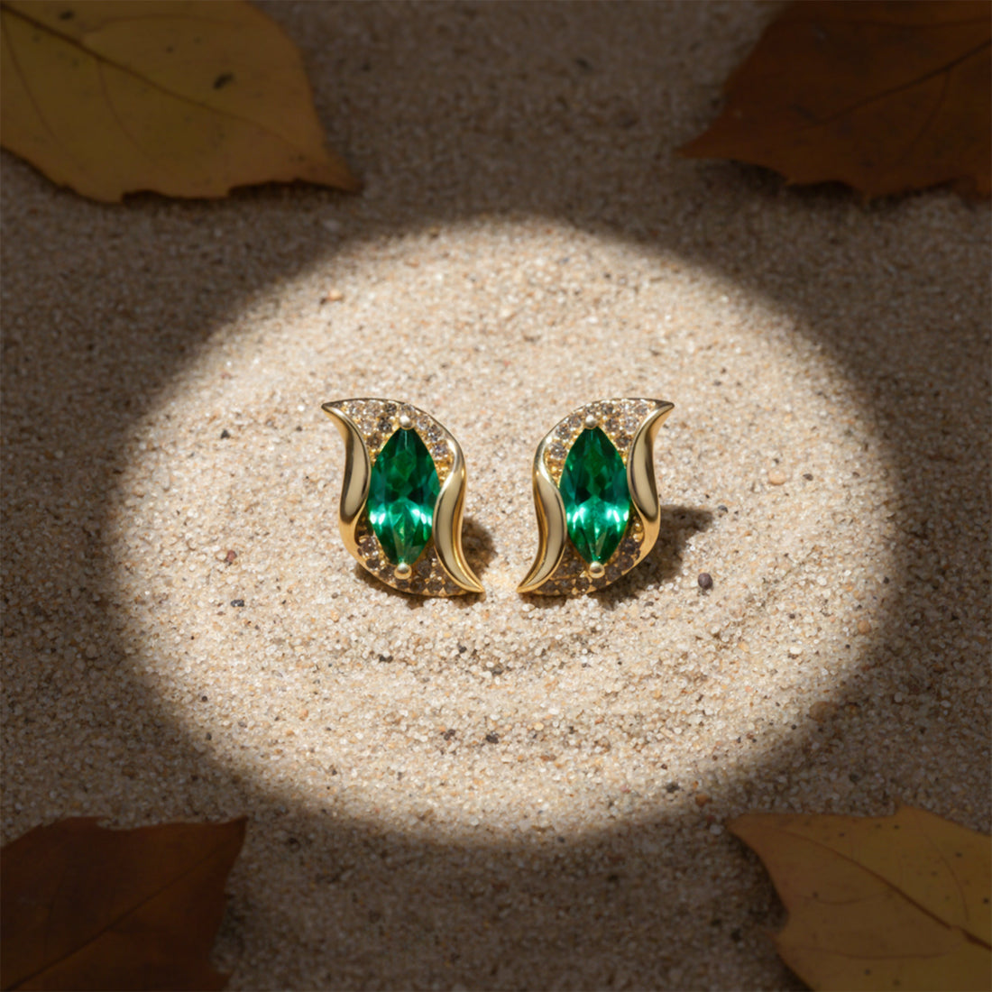 Women Stud Earrings Green Leaf Studs Gold jewellery - Finora Jewels