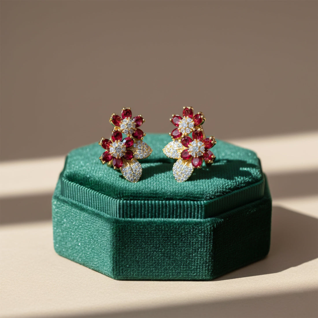 Gold Red Floral Crystal Stud Earrings for women - Finora Jewels