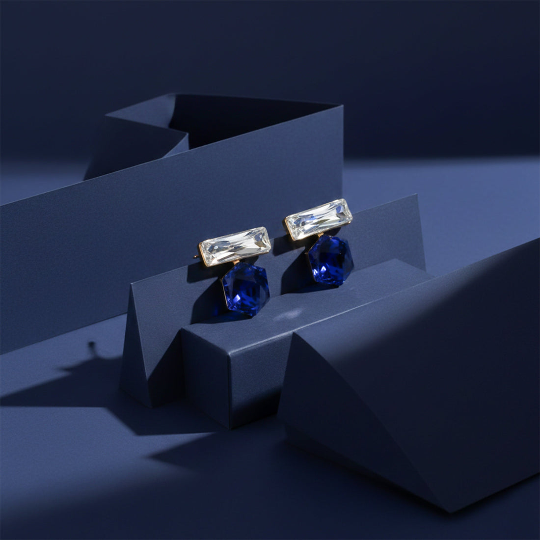 Women Stud Earrings Blue & Clear Crystal Geometric Drop Gold jewellery - Finora Jewels