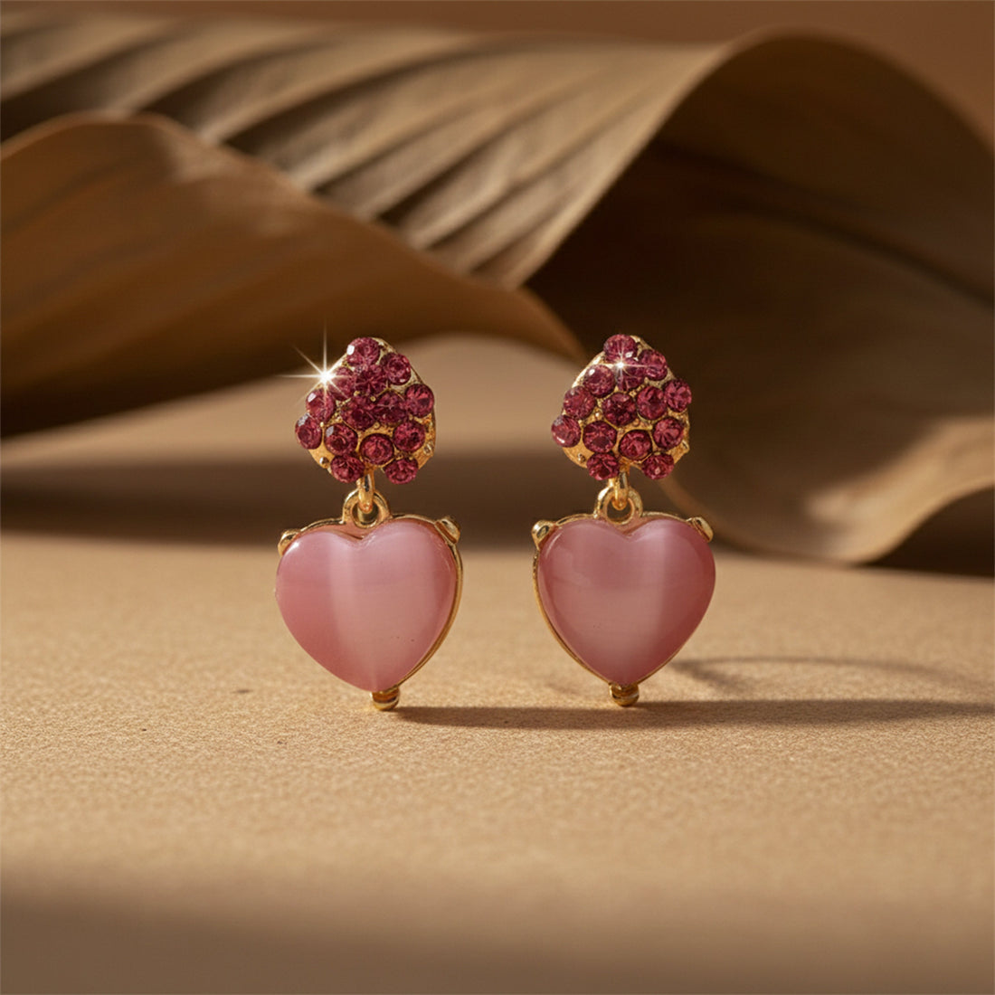 Pink Heart Crystal Stud Earrings for women in Gold - Finora Jewels
