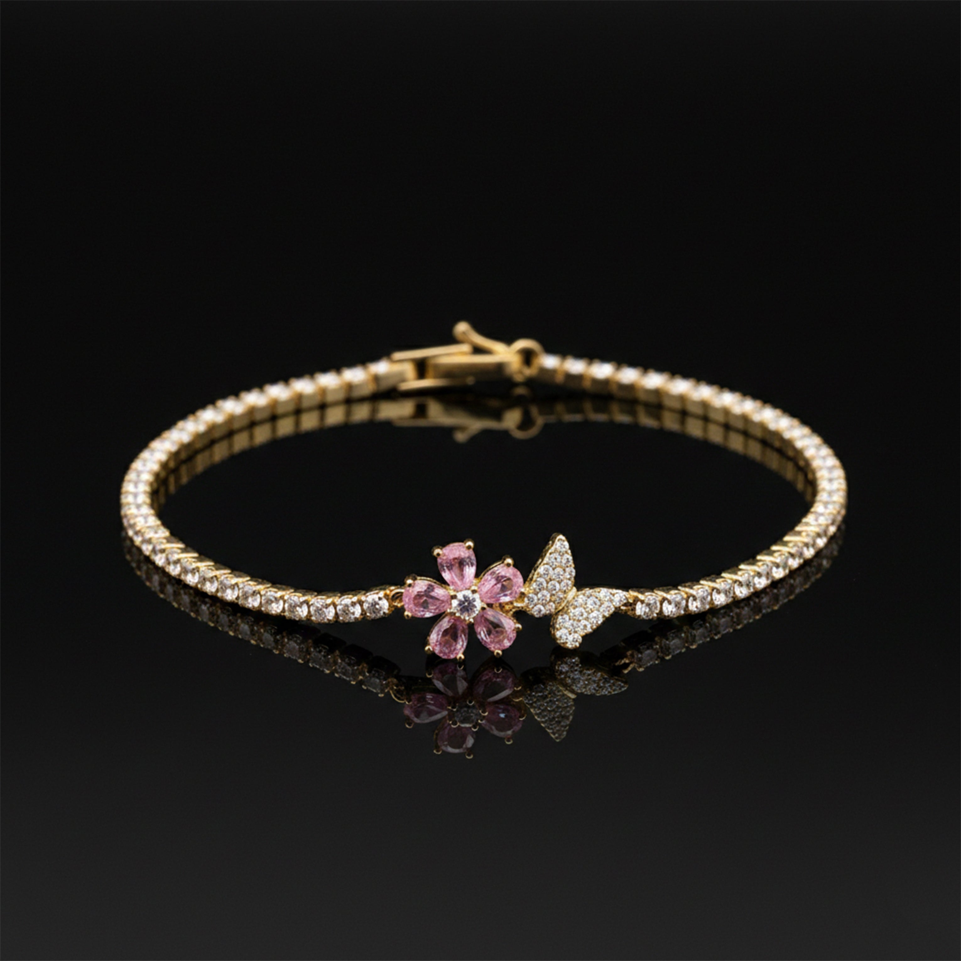 Gold Pink Blossom Butterfly Tennis Bracelet for women - Finora Jewels