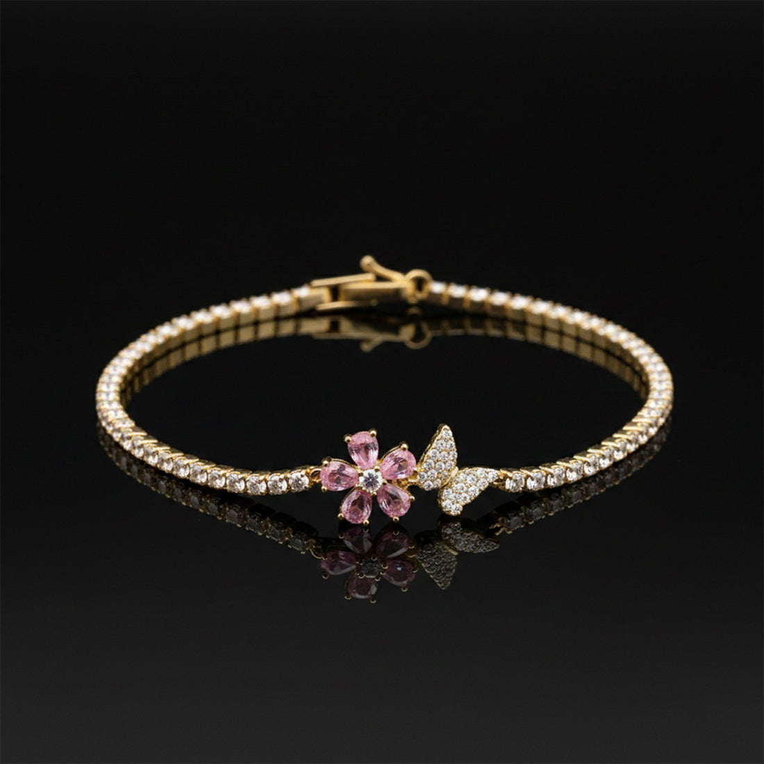 Gold Pink Blossom Butterfly Tennis Bracelet for women - Finora Jewels