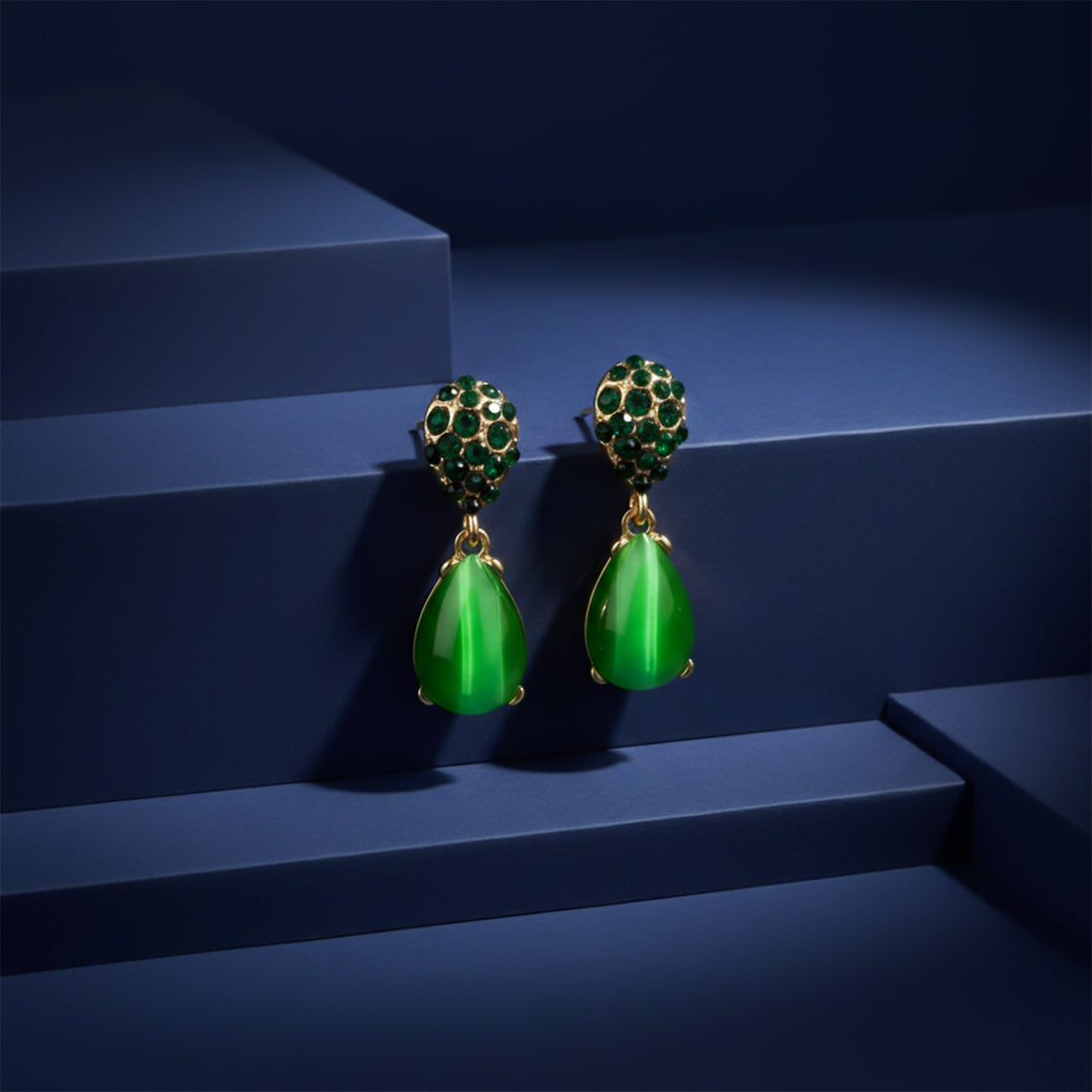 Green Crystal Teardrop Stud Earrings for women in Gold - Finora Jewels