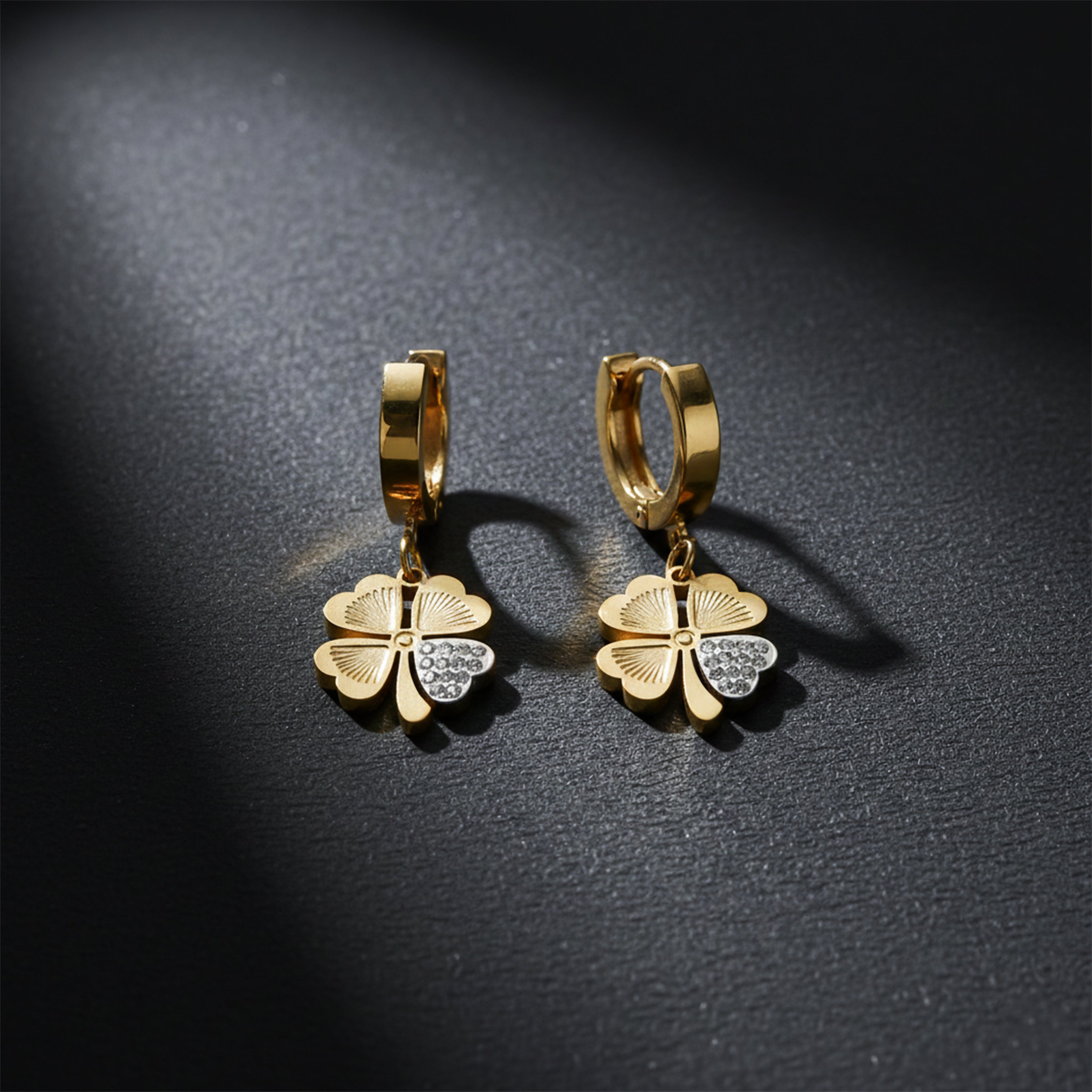 Gold Clover Drop Hoop Earrings for women - Finora Jewels