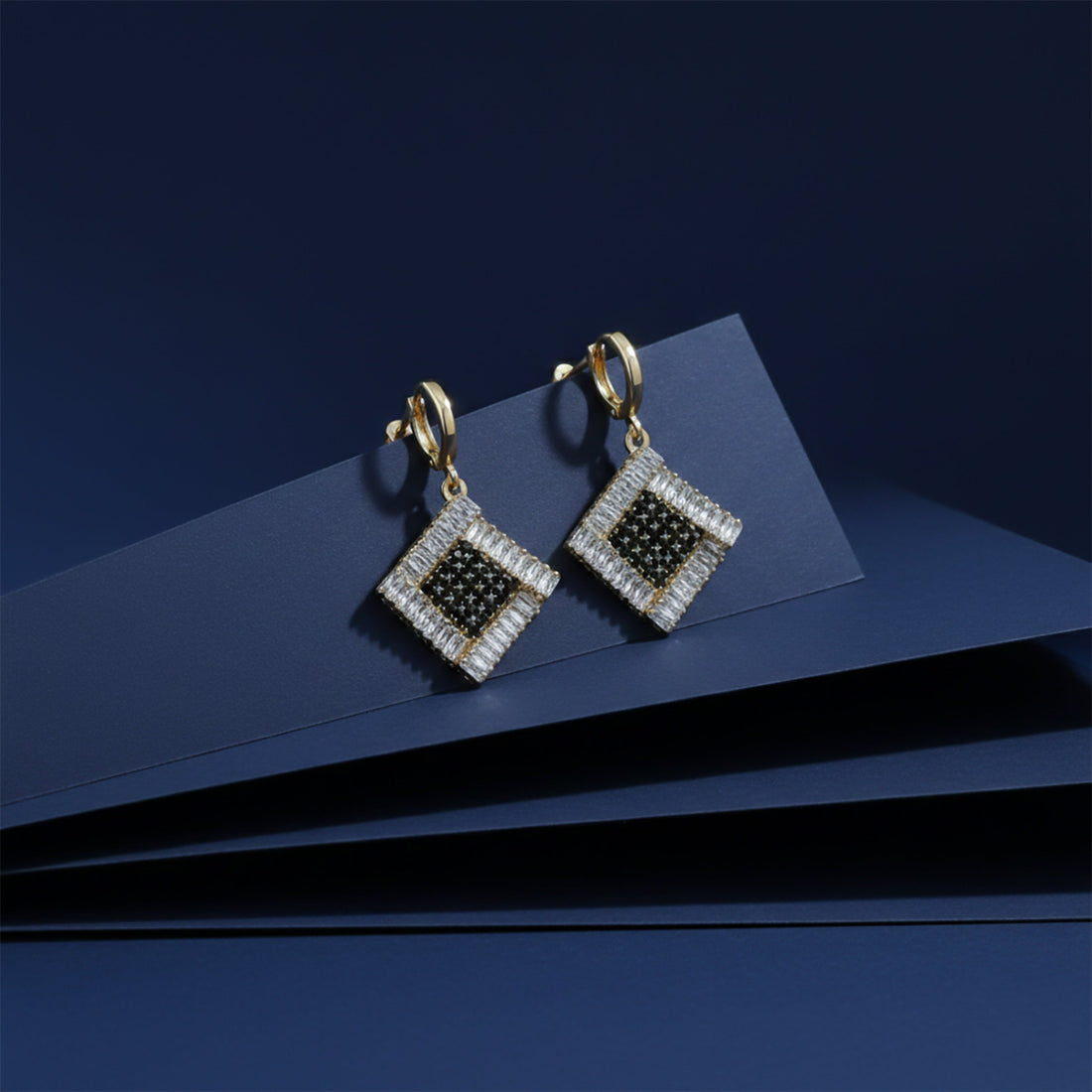 Women Drop Earrings Black & White Crystal Square Drop Gold jewellery - Finora Jewels