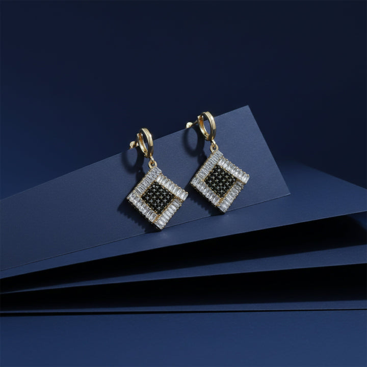 Black & Ivory Cubic Zirconia Square-Cut-Cut Dangle Ear Studs GWE -150
