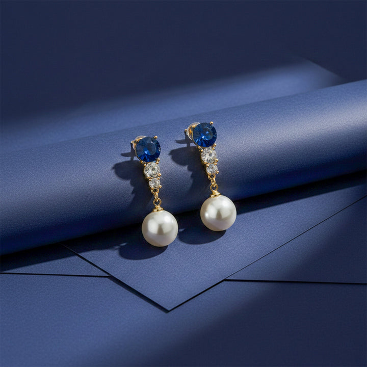 Blue Cubic Zirconia & Moti Dangle Ear Studs GWE -143