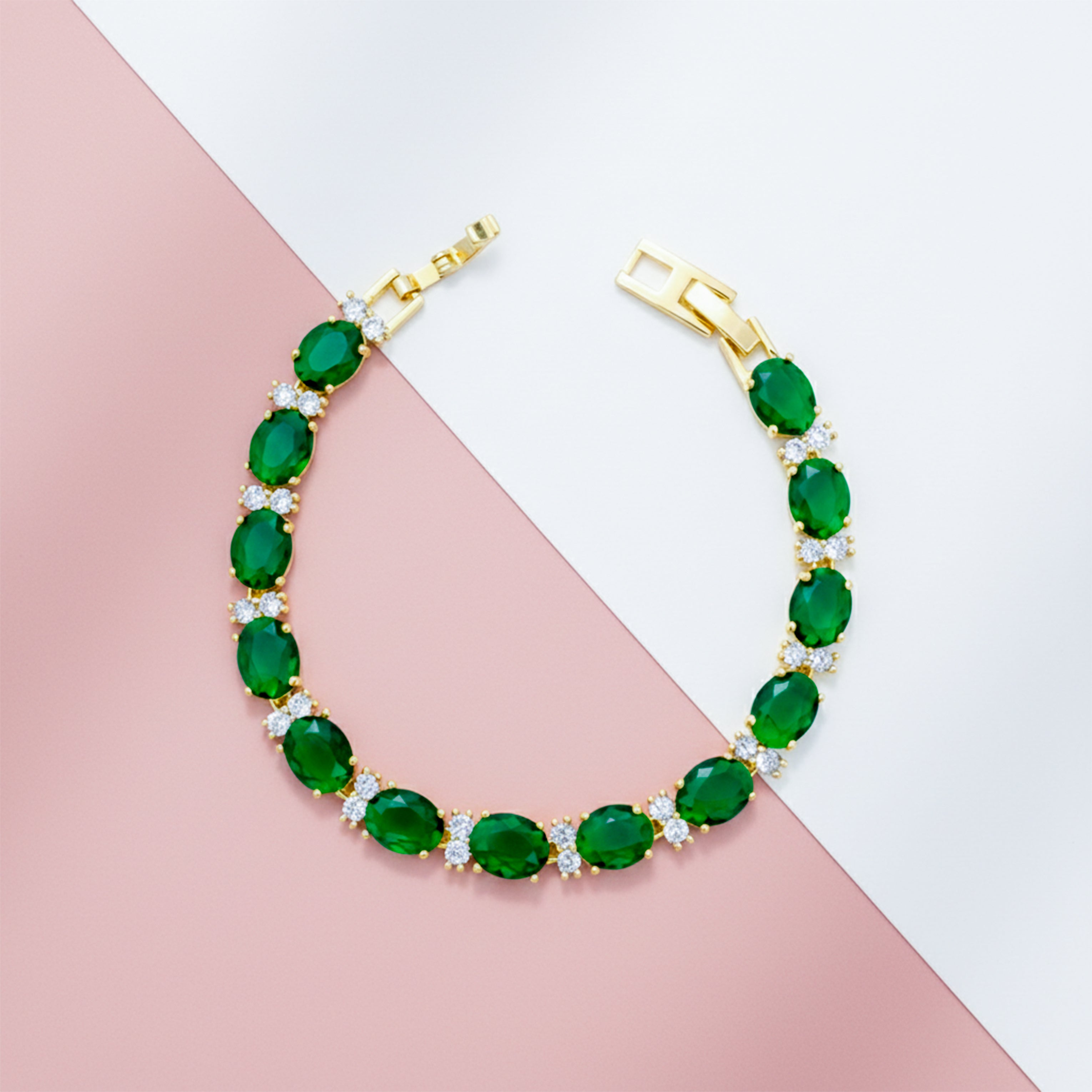 Emerald Green Oval Tennis Bracelet for women in Gold - Finora Jewels