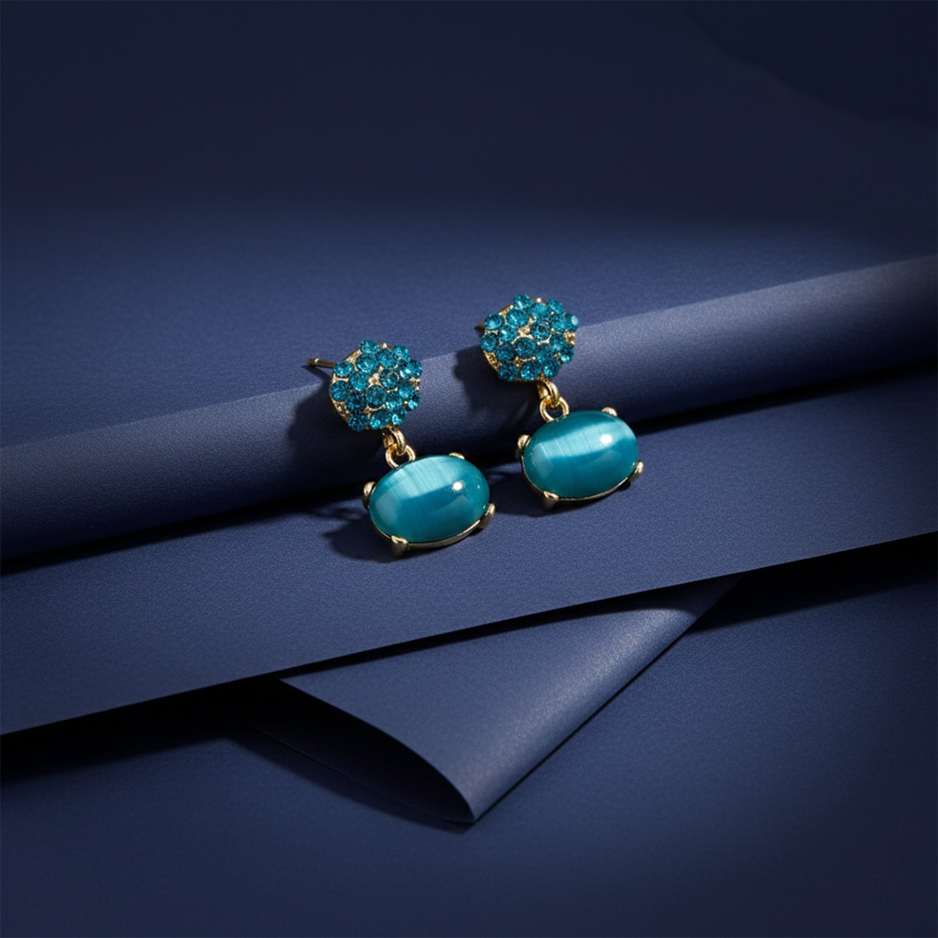 Teal Cubic Zirconia Elliptical Dangle Ear Studs GWE -218
