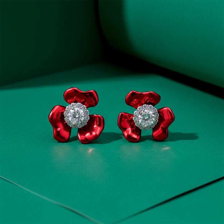 Crimson Bloom Cubic Zirconia Post Ear Studs GWE -84