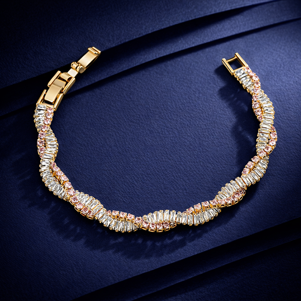Gold Pink Baguette Stone Twisted Bracelet for women - Finora Jewels