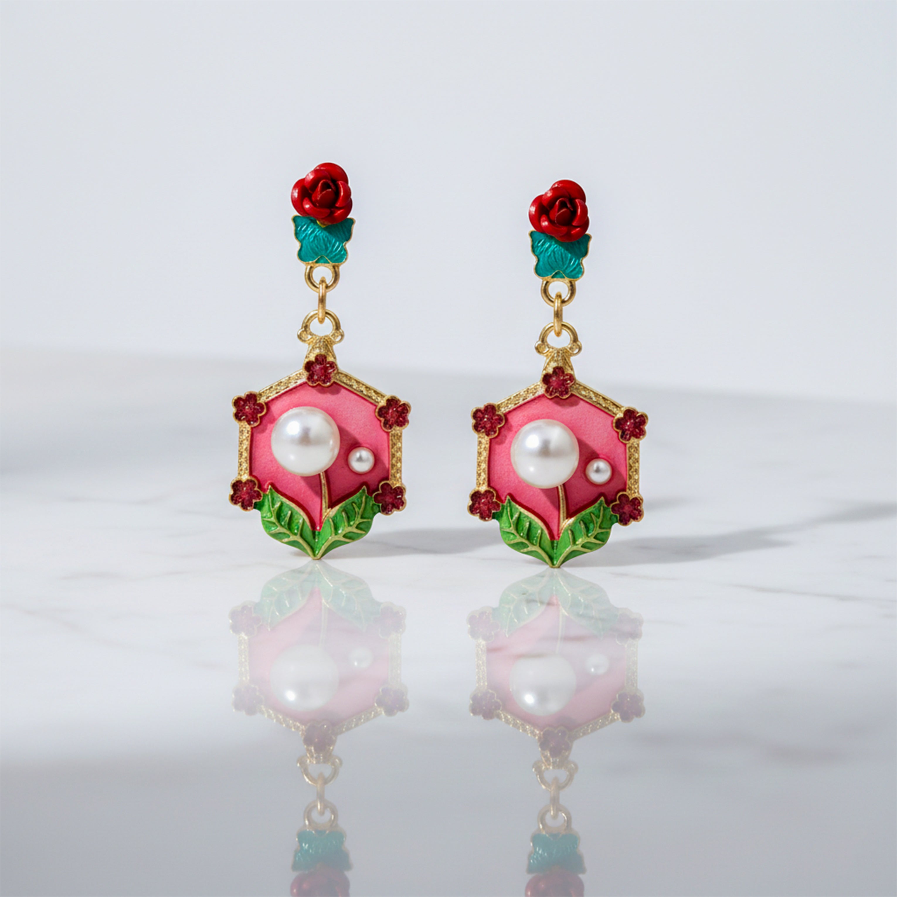 Women Stud Earrings Red Floral Pearl Gold jewellery - Finora Jewels