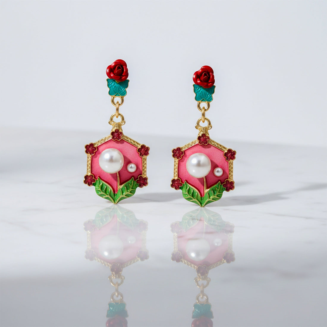 Women Stud Earrings Red Floral Pearl Gold jewellery - Finora Jewels