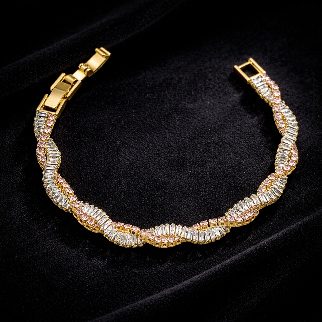 Gold Pink Baguette Stone Twisted Bracelet for women - Finora Jewels