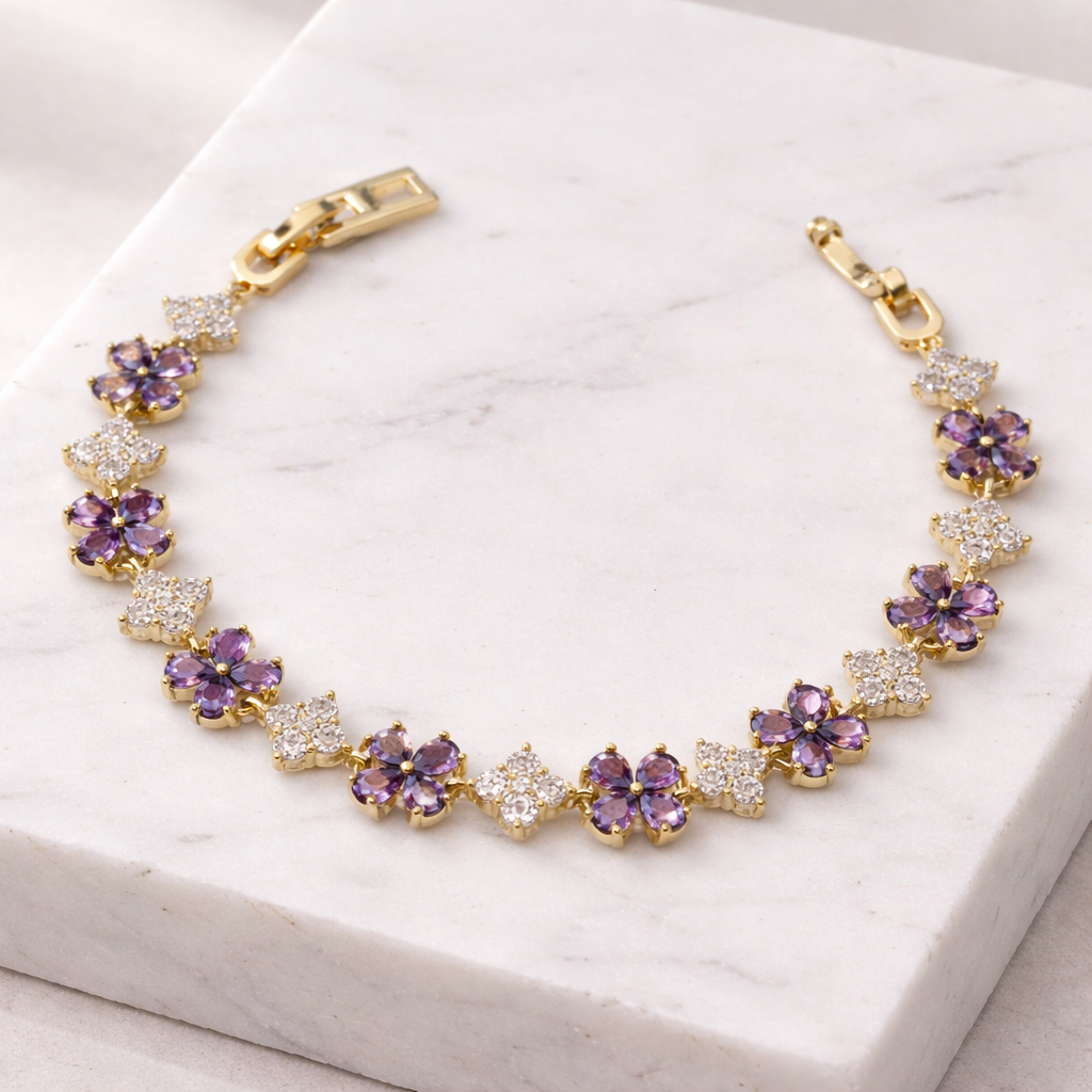 Gold Purple Floral Stone Bracelet for women - Finora Jewels