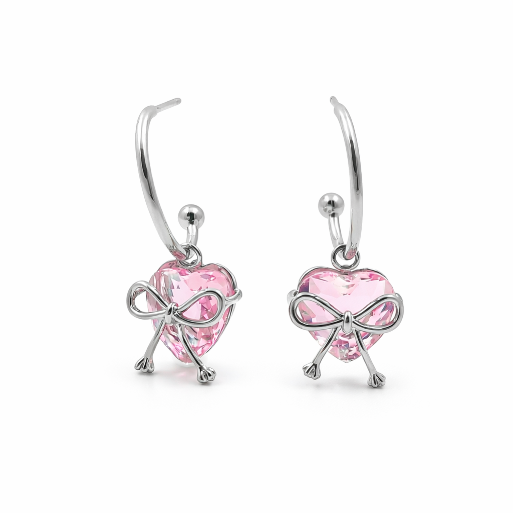 Women Hoop Earrings Pink Heart Bow Hoop Silver jewellery - Finora Jewels
