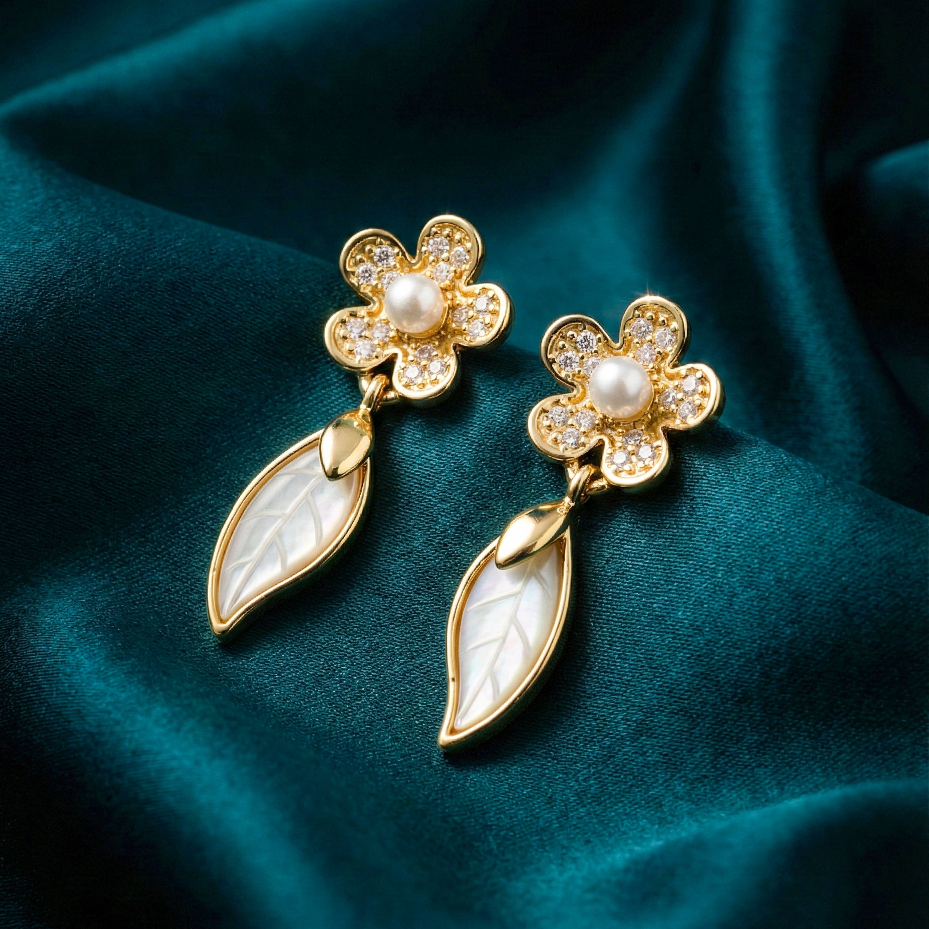 Women Stud Earrings Pearl Leaf Gold jewellery - Finora Jewels