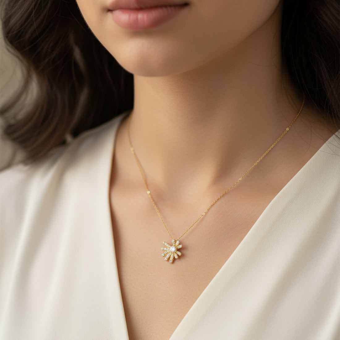 Gold Pavé Petal Sunburst Necklace for women - Finora Jewels